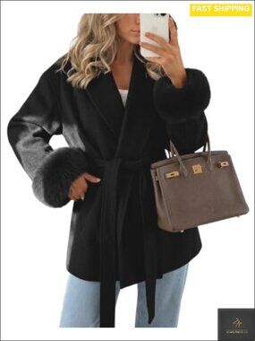 Faux Fur Lapel Belted Winter Pea Coat Wrap Overcoat